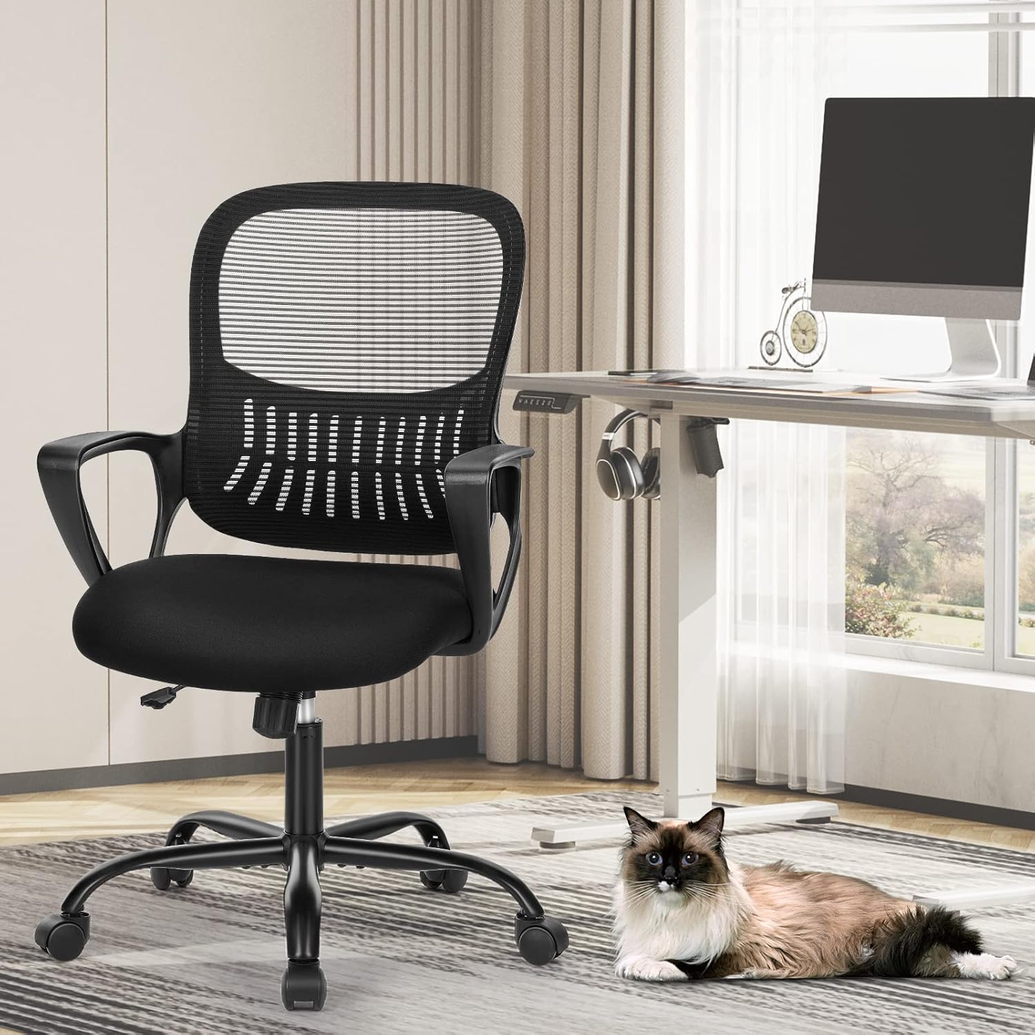 Home Office Managerial Executive Chair with Ergonomic Design, Mid-Back Mesh Swivel, Comfortable Lumbar Support, Comfy Arms for Bedroom,Study,Student, Black