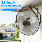 18 Inch Wall Mount Fan, 2600 CFM, 3-Speed High Velocity Fan, Vertical & Horizontal Adjustable Tilt for Industrial, Commercial, Warehouse, Greenhouse, Black