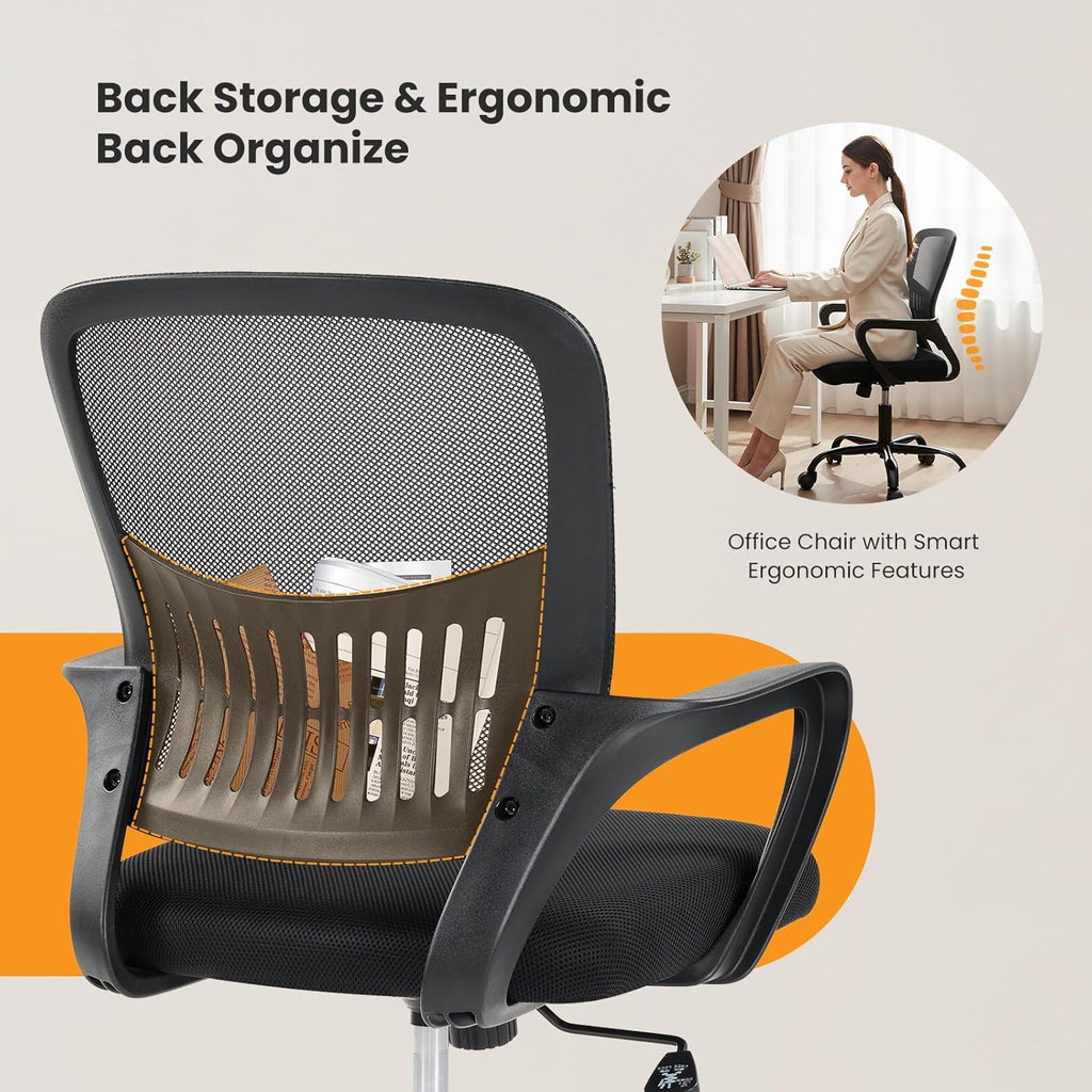Home Office Managerial Executive Chair, Ergonomic Mesh Adjustable Swivel Mid-Back Computer Desk Chair with Comfortable Lumbar Support, Comfy Arms for Bedroom,Study