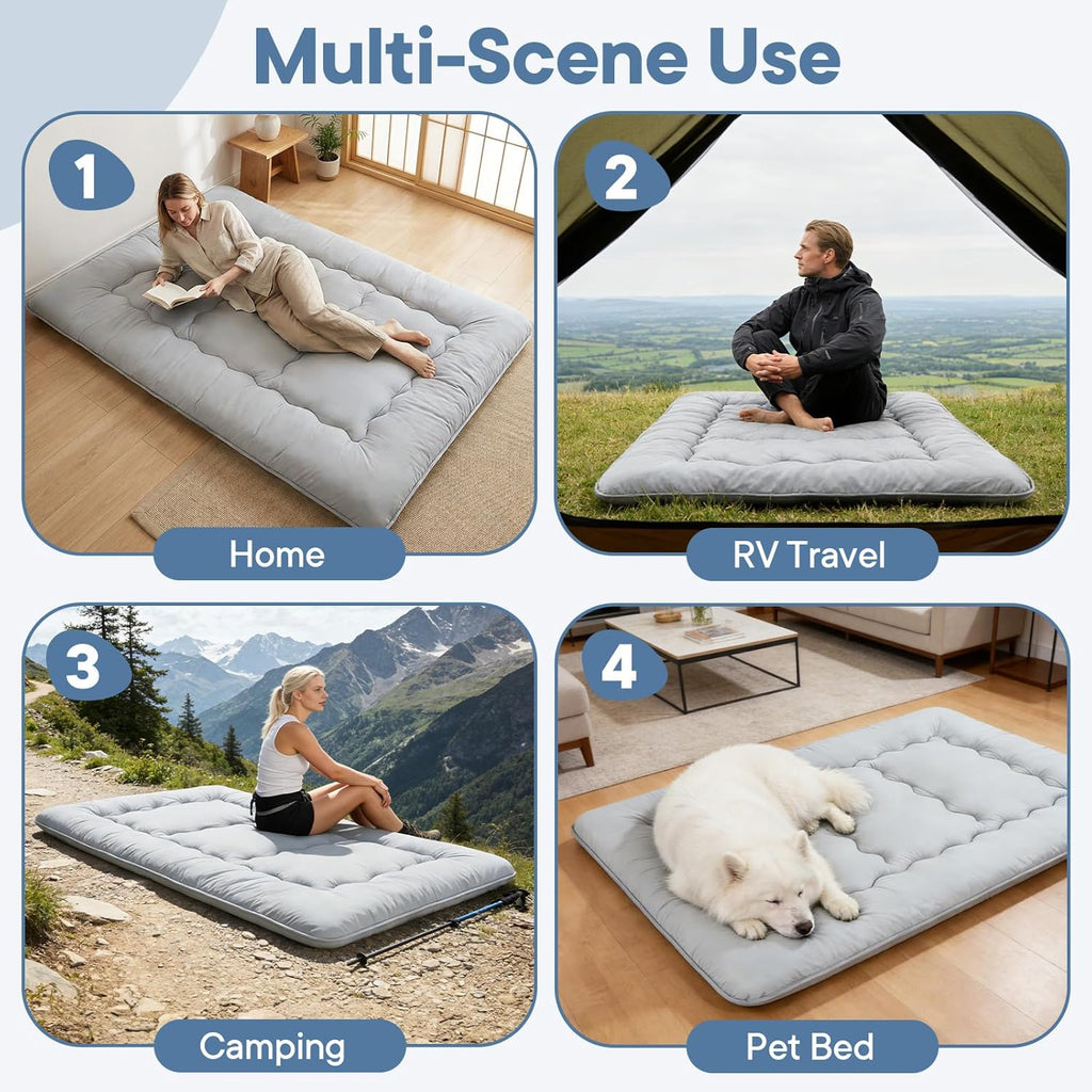 Japanese Floor Mattress Full Size, Futon Mattress Foldable with Removable Washable Cover, Portable Roll Up Tatami Mat for Guest Room, Studio Apartment, Camping and Adult, Gray
