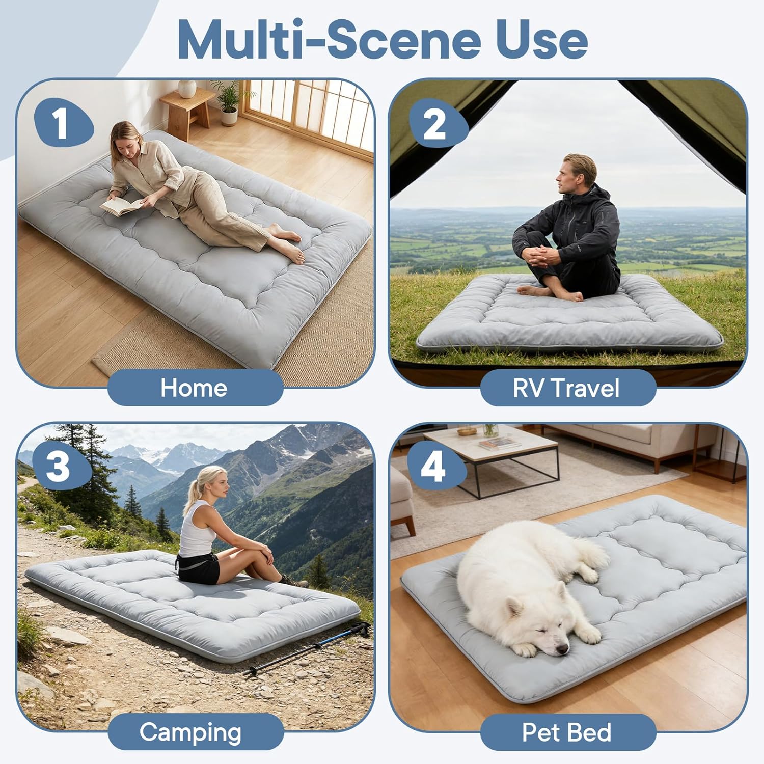 Japanese Floor Mattress Full Size, Futon Mattress Foldable with Removable Washable Cover, Portable Roll Up Tatami Mat for Guest Room, Studio Apartment, Camping and Adult, Gray