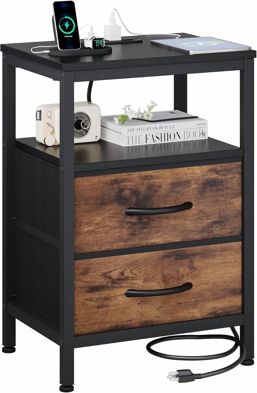 Nightstand with Charging Station, Bedside Tables with USB Ports and Fabric Drawer, Small Night Stand with Open Adjustable Shelf, Compact End Table for Bedroom, Black