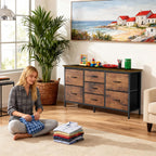 TV Stand 7 Drawer Dresser for Bedroom with Storage TV Stands for Living Room Grey, Farmhouse Entertainment Center Media Console Table with Metal Frame Adjustable Feet