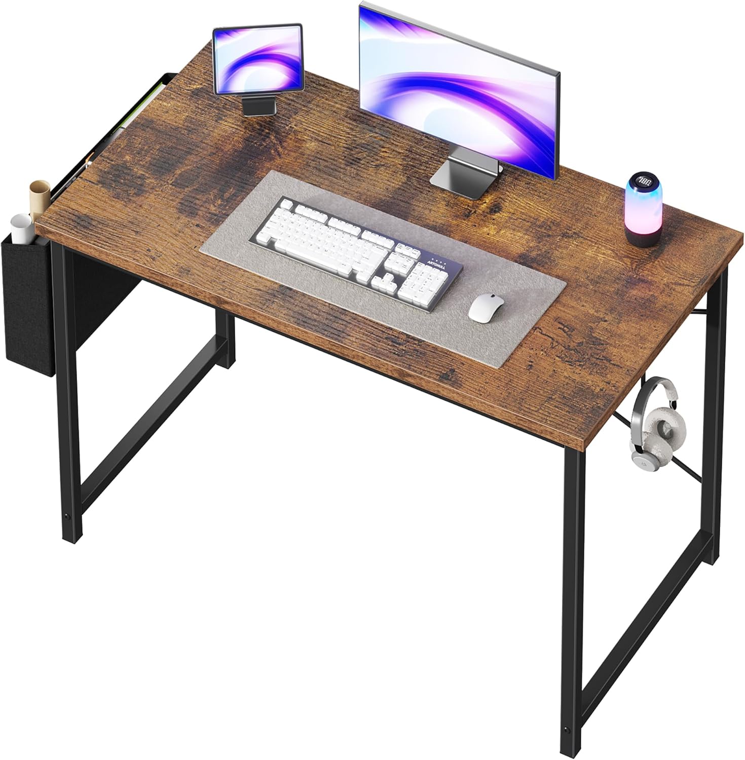 Computer Desk 31 Inch Home Office Desks for Small Spaces, Gaming Writing Study Work Table with Storage Bag for Bedroom, Rustic Brown
