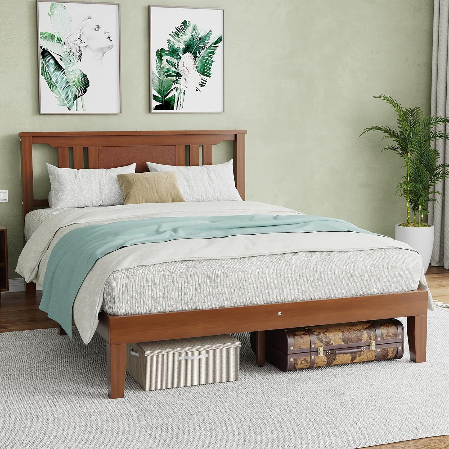 Twin Size Wood Bed Frame with Headboard, Solid Natural Wooden Platform Bed Base, Heavy Duty Slat Support Mattress Foundation, No Box Spring Needed, Low-Profile Design