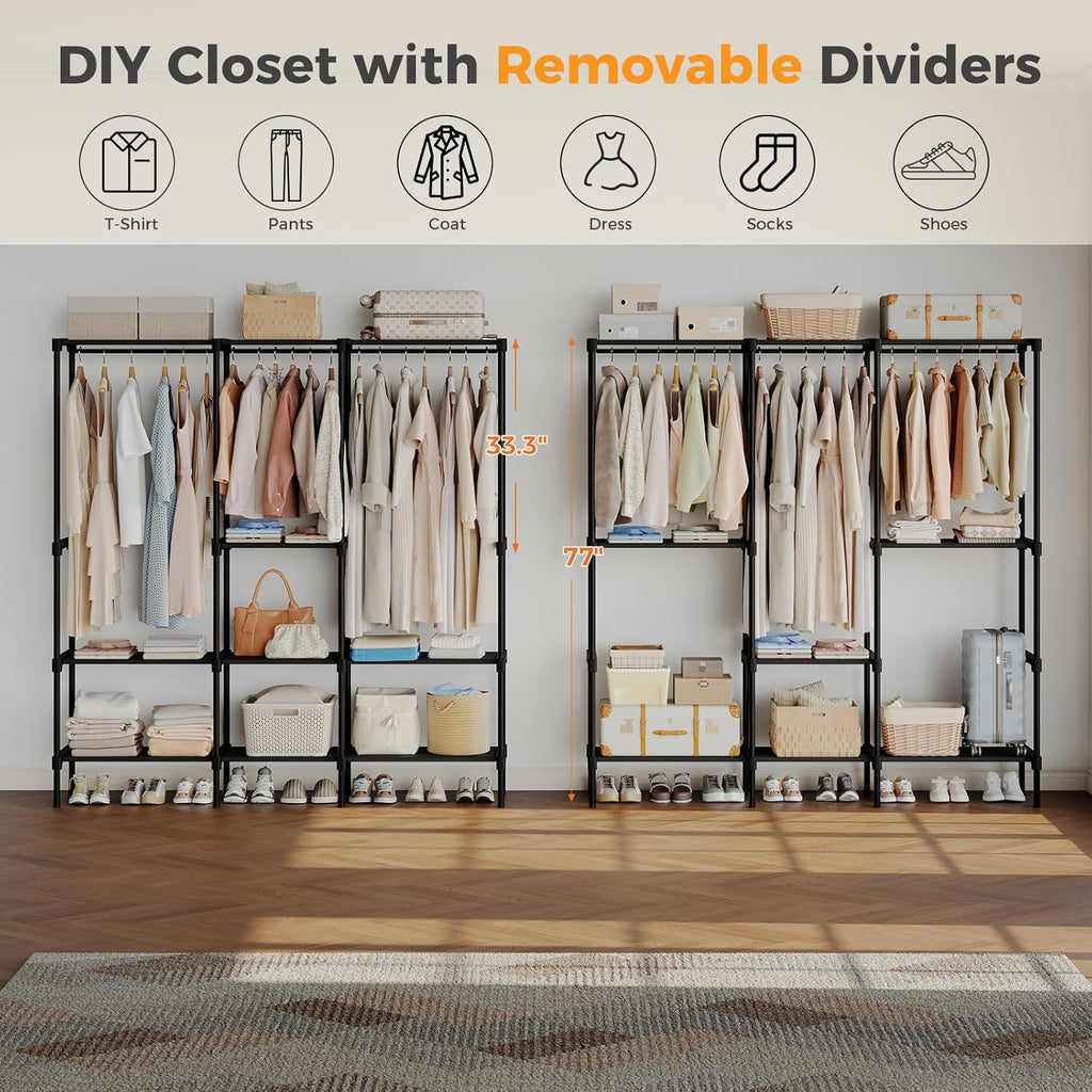 Portable Wardrobe Closet with Hanging Rods, 74.5 Inch Wide Portable Clothing Rack with Shelves, Heavy Duty Clothes Rack, Freestanding Closet Organizer
