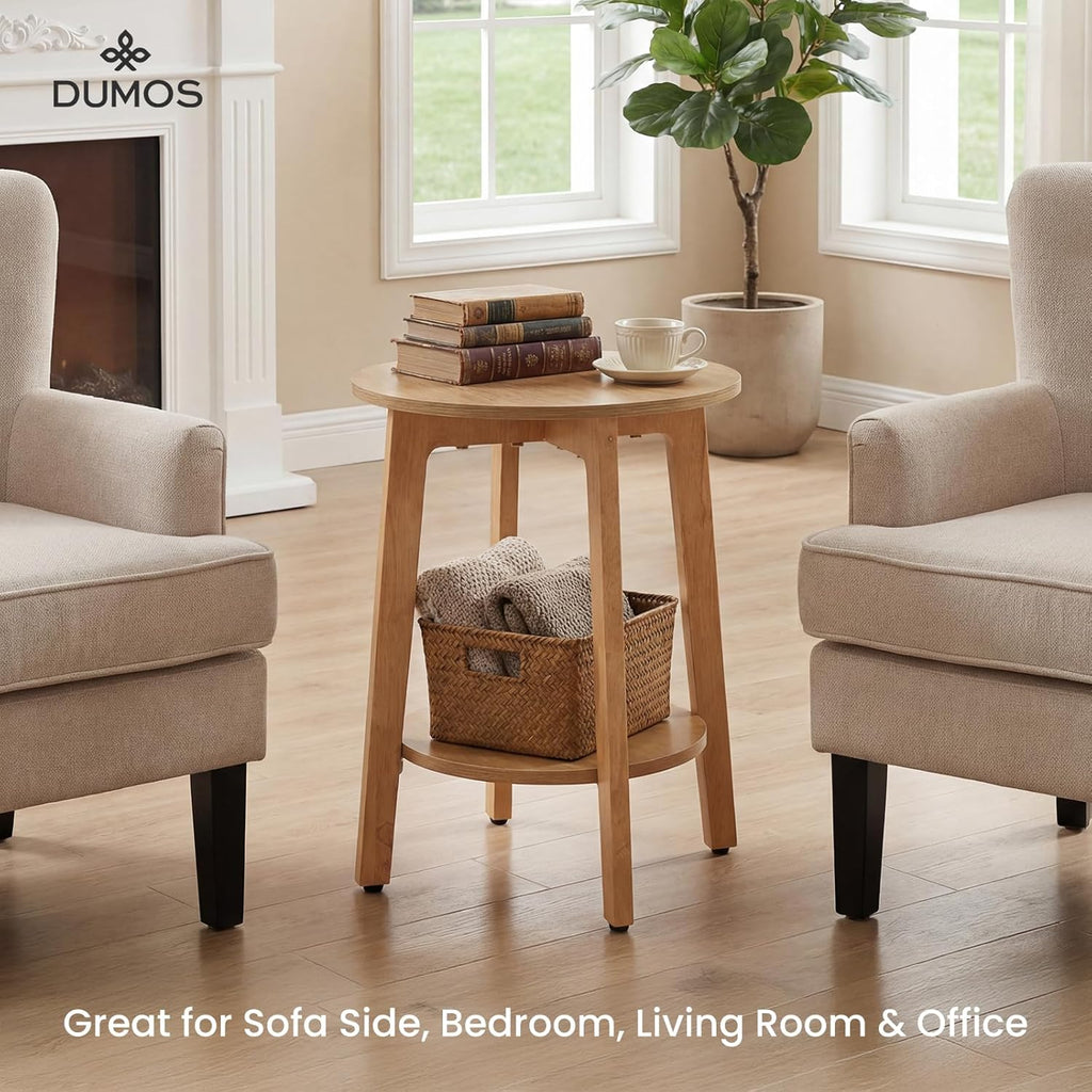 Small Round Side Tables Set of 2 for Living Room, 2-Tier Wood End Tables with Storage Shelf, 220 Lbs, Sturdy Bedside Nightstands with Non-Slip Pads, Easy Assembly, Natural Wood