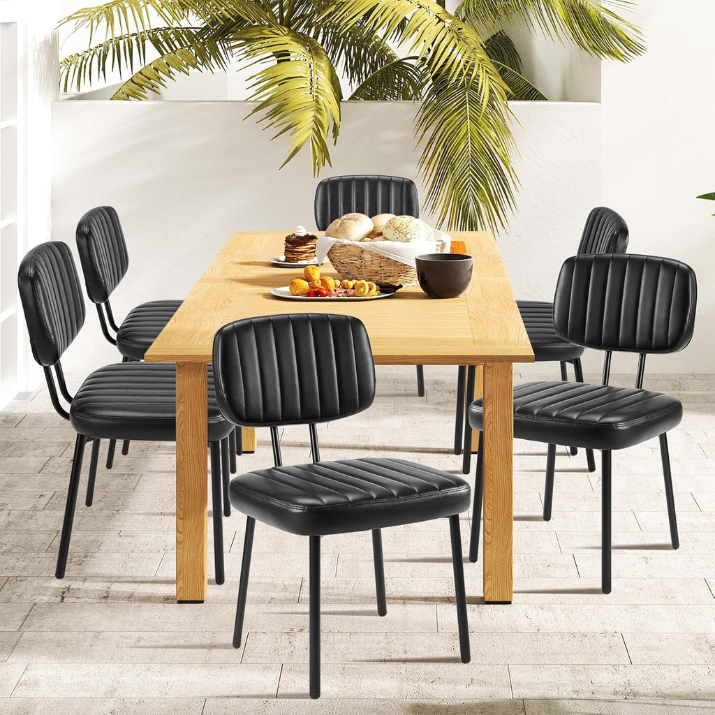 Dining Chairs Set of 6, Upholstered Mid-Century PU Leather Accent Chair with Backrest and Metal Legs for Kitchen, Living Room, Brown