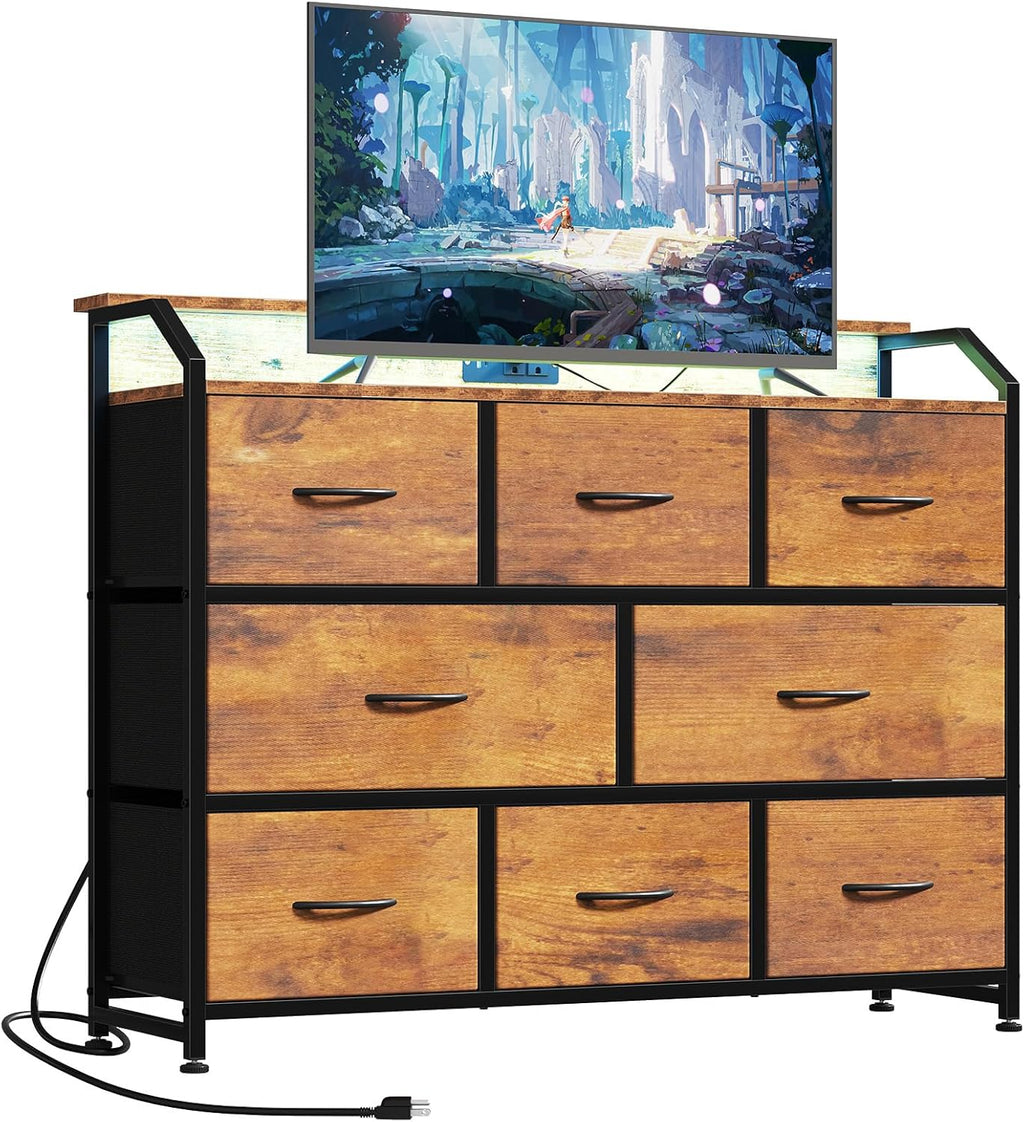 TV Stand Dresser with 9 Fabric Drawers and Open Shelves, Entertainment Center with LED Lights, Charging Station for Bedroom, Wood Top Media Console for 45-55 inch TV Stand with Storage, White