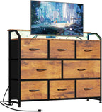 TV Stand Dresser with 9 Fabric Drawers and Open Shelves, Entertainment Center with LED Lights, Charging Station for Bedroom, Wood Top Media Console for 45-55 inch TV Stand with Storage, White
