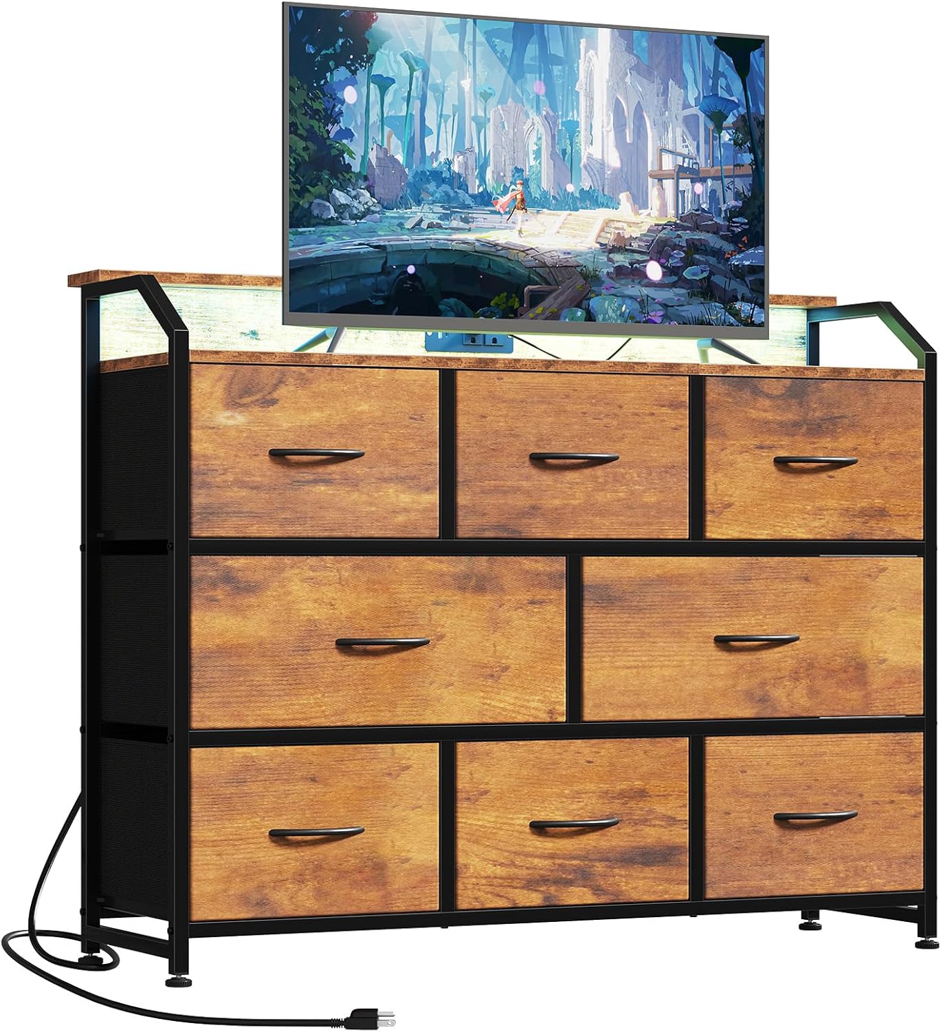 TV Stand Dresser with 9 Fabric Drawers and Open Shelves, Entertainment Center with LED Lights, Charging Station for Bedroom, Wood Top Media Console for 45-55 inch TV Stand with Storage, White