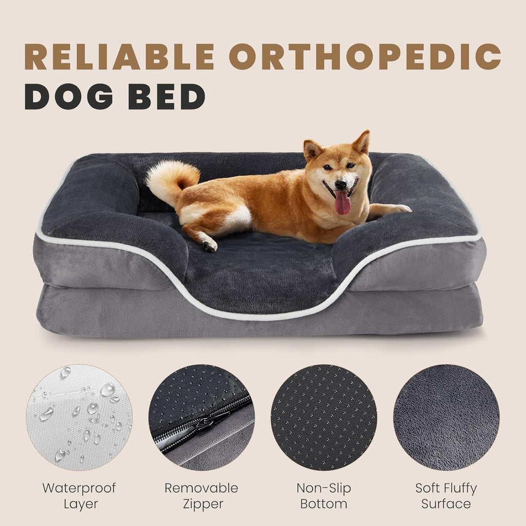 42x32 Inch Orthopedic Dog Beds for XL Large Sized Dogs, Machine Washable Cover Pet Bed, Anti-Slip Waterproof Memory Foam Couch Bed for Indoor Dogs and Cats, Grey