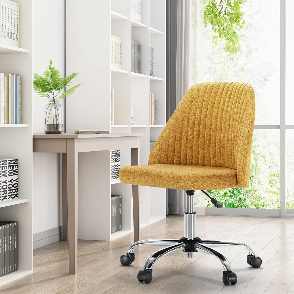 Armless Vanity Chair, Cute Comfy Home Office Desk Chair with Wheels, Modern Upholstered Task Computer Seat for Bedroom, Study, Makeup Vanity, Height Adjustable & Swivel, Yellow