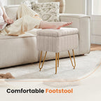 Vanity Stool Chair, Ottoman with Storage, Makeup Cute Soft Small Footstool, Modern Style Faux Fur Seat with 4 Metal Legs & Adjustable Feet for Dressing, Living Room Bedroom Dorm, Camel