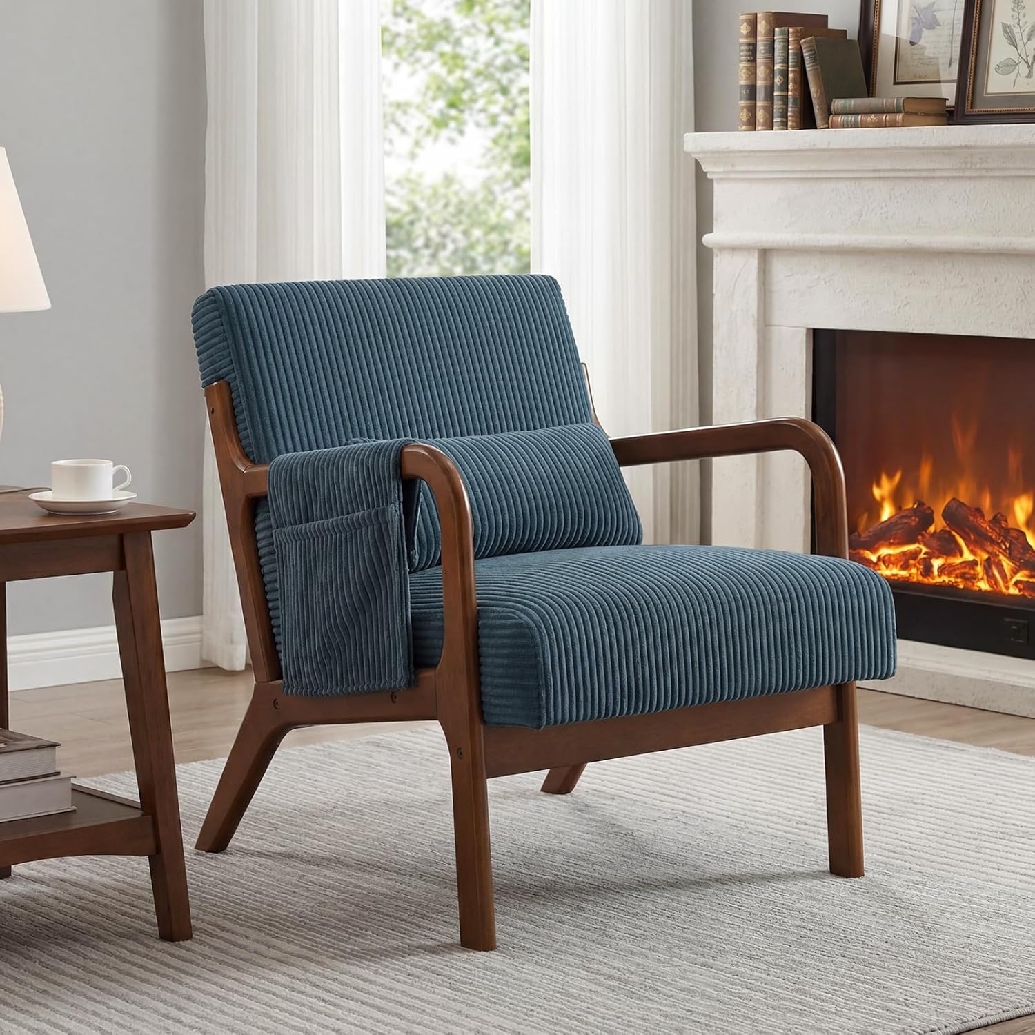 Mid Century Modern Accent Chair, Upholstered Armchair with Lumbar Pillow and Solid Wood Frame, Comfy Reading Chair for Small Living Room, Bedroom, Guest Room, Beige