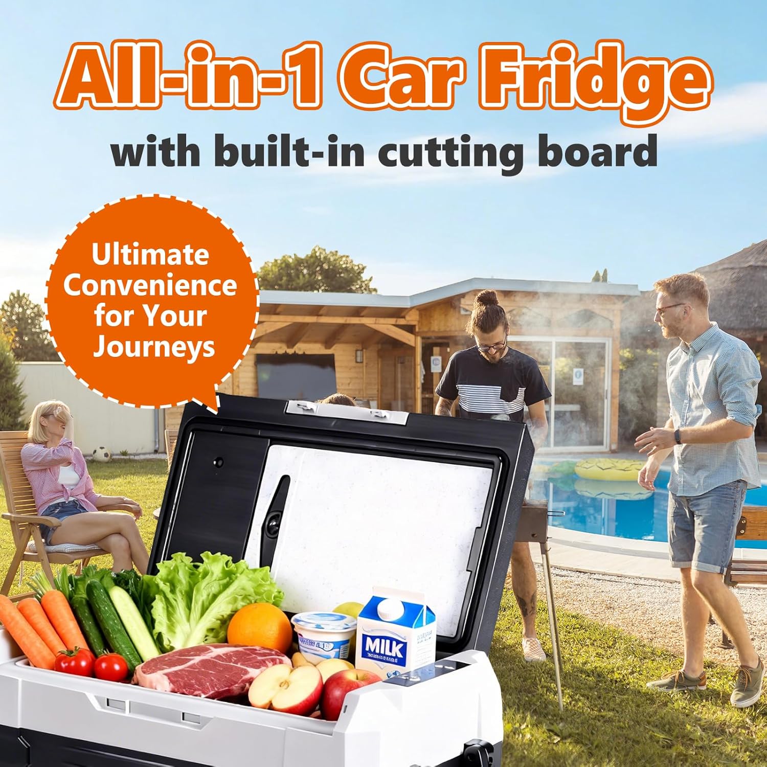 Portable Car Refrigerator, 53QT Dual-Zone Electric Cooler for Vehicles with Wheels & Cutting Board, -4?H-68?H Freezer Smart Control via Bluetooth, Battery Protection, 12/24V DC & 100-240V AC