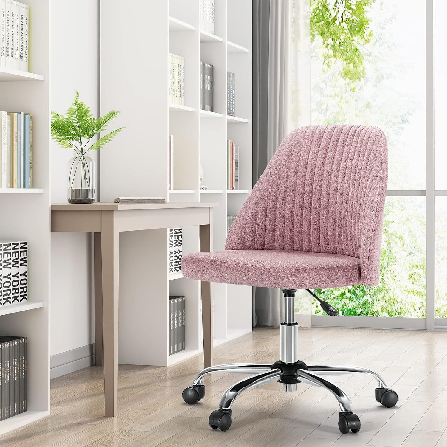 Armless Vanity Chair, Cute Comfy Home Office Desk Chair with Wheels, Modern Upholstered Task Computer Seat for Bedroom, Study, Makeup Vanity, Height Adjustable & Swivel Fit, Dusty Pink