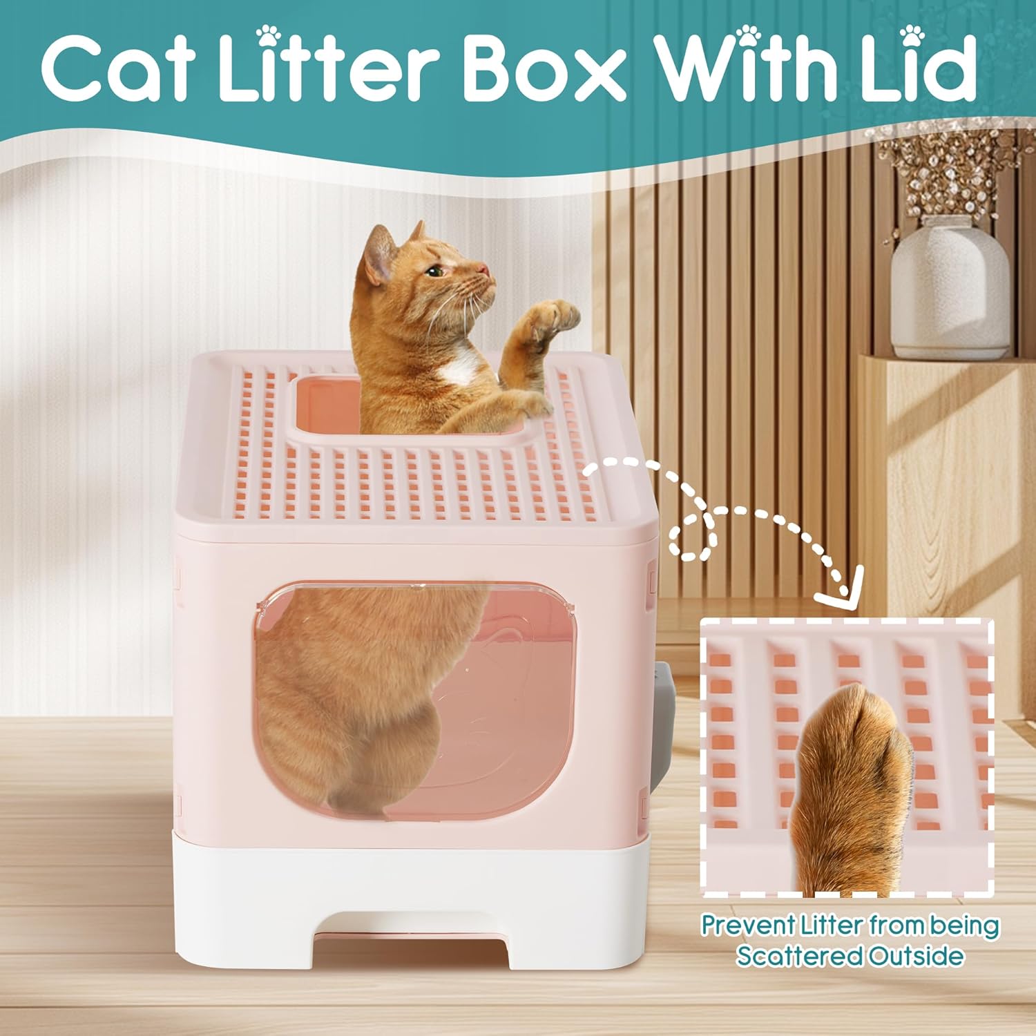 Cat Litter Box with Lid, Large Foldable Cat Box with Litter Scoop, Front Entry Top Exit Kitty Litter Box with Door, Easy Cleaning Drawer Design Odor Control, Pink