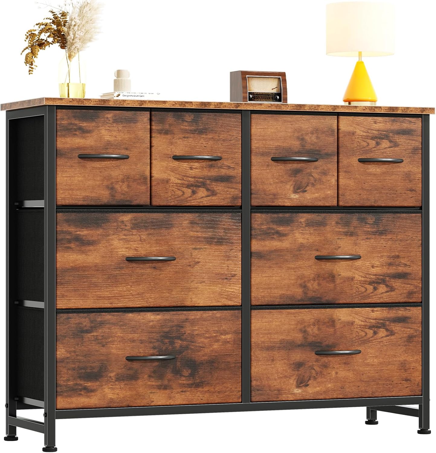 TV Stands for Living Room with 8 Drawers, Tall 8-Drawer Chest of Drawers with Raised Shelf, Storage Tower with Fabric Bins for Organization, Hallway Storage, Black