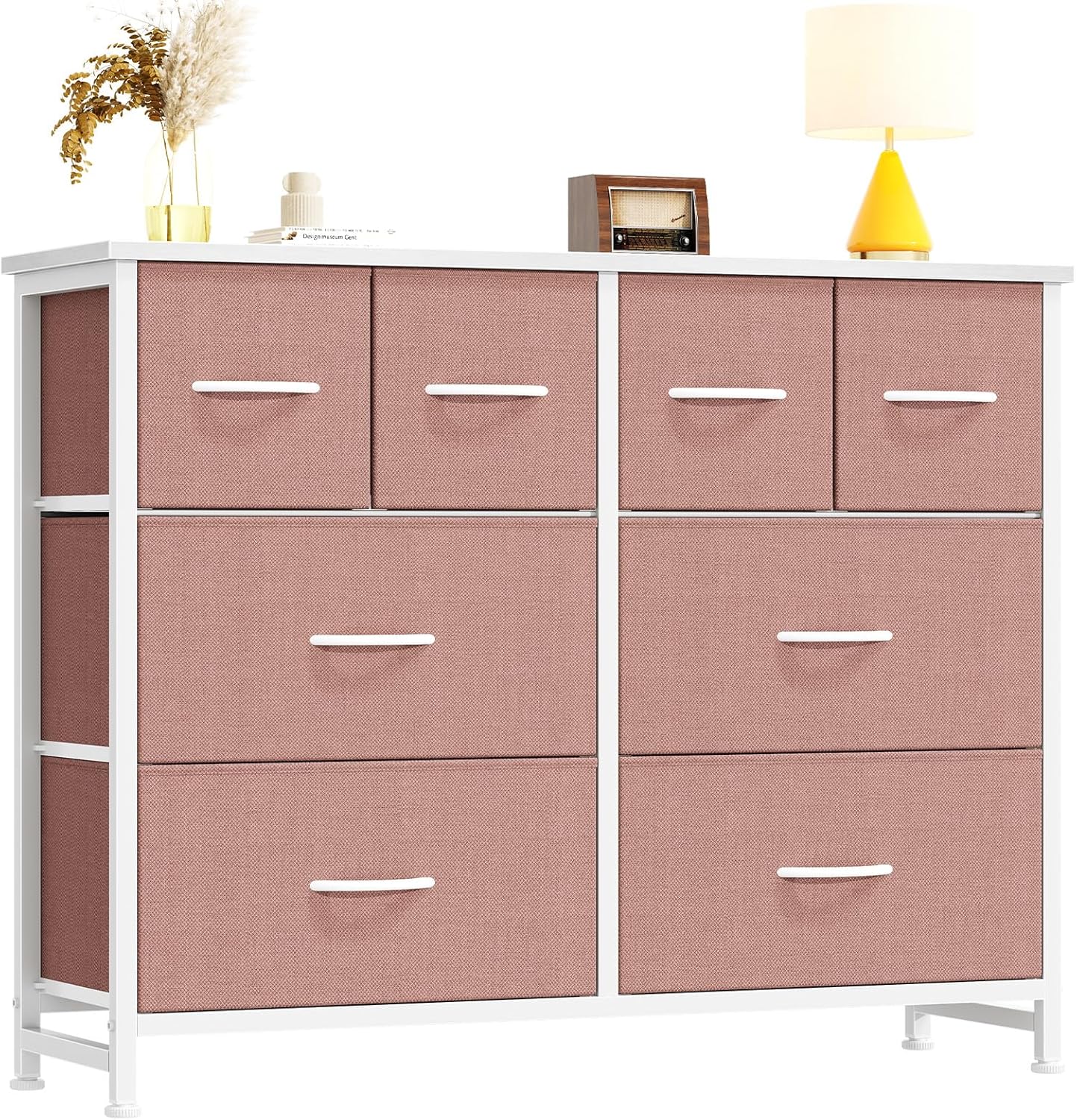 TV Stand, Dresser with 8 Fabric Drawers, Spacious Storage Tower for Closet, TV Stand with Wood Top and Mental Frame, Storage Unit for Living Rooms, Bedroom and Entryway, Pink