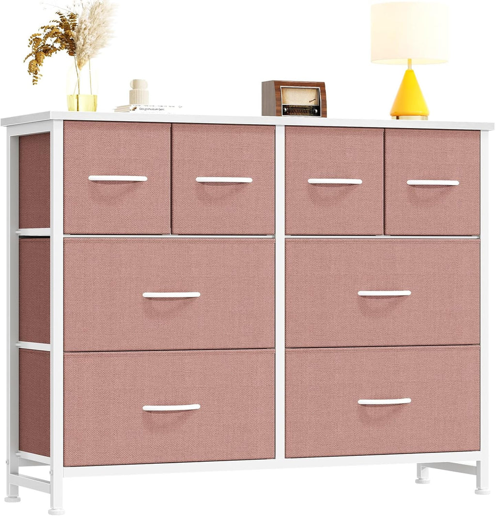 TV Stand, Dresser with 8 Fabric Drawers, Spacious Storage Tower for Closet, TV Stand with Wood Top and Mental Frame, Storage Unit for Living Rooms, Bedroom and Entryway, Brown