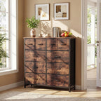 TV Stand for Bedroom, Dresser with 10 Drawers, Fabric Units of Drawers with Metal Frame and Wood Top, Living Room Storage Organizers Units for Books, TV and Other Items, Dark Rust