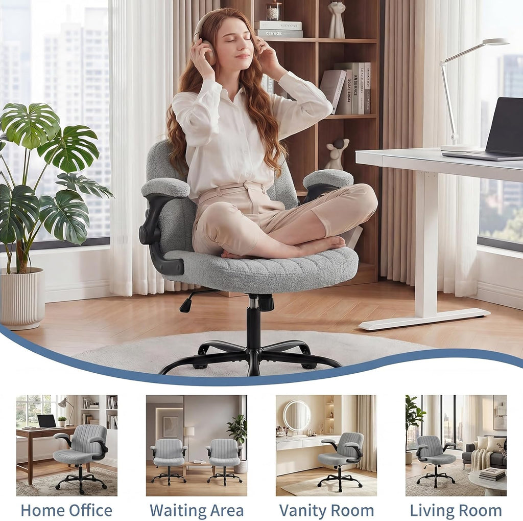 Criss Cross Office Chair with Wheels, Wide Cross Legged Desk Vanity Chair Comfy Fabric Flip-Arms Adjustable Swivel Chairs for Home Computer Bedroom, Grey