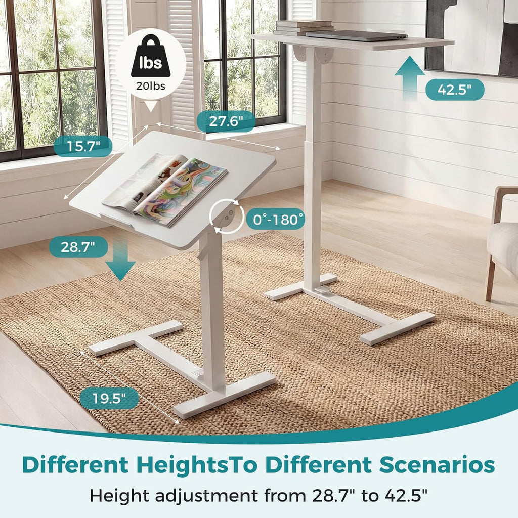 Mobile Standing Desk, Height-Adjustable Computer Cart with Pneumatic Lift, Portable Computer Workstation Cart for Bed, Couch, Office, Sofa, Brown