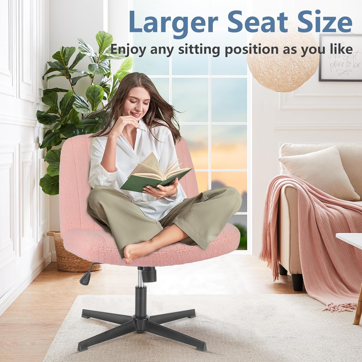 Criss Cross Chair No Wheels, Legged Office Desk Armless Chiar Wide Seat, Adjustable Swivel Teddy Fabric Task Vanity Chairs for Home Bedroom, Pink