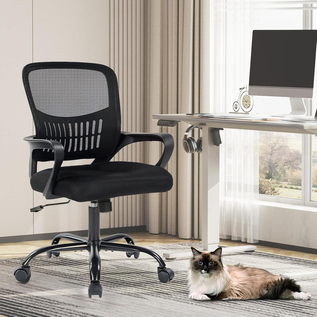 Home Office Managerial Executive Chair, Ergonomic Mesh Adjustable Swivel Mid-Back Computer Desk Chair with Comfortable Lumbar Support, Comfy Arms for Bedroom,Study