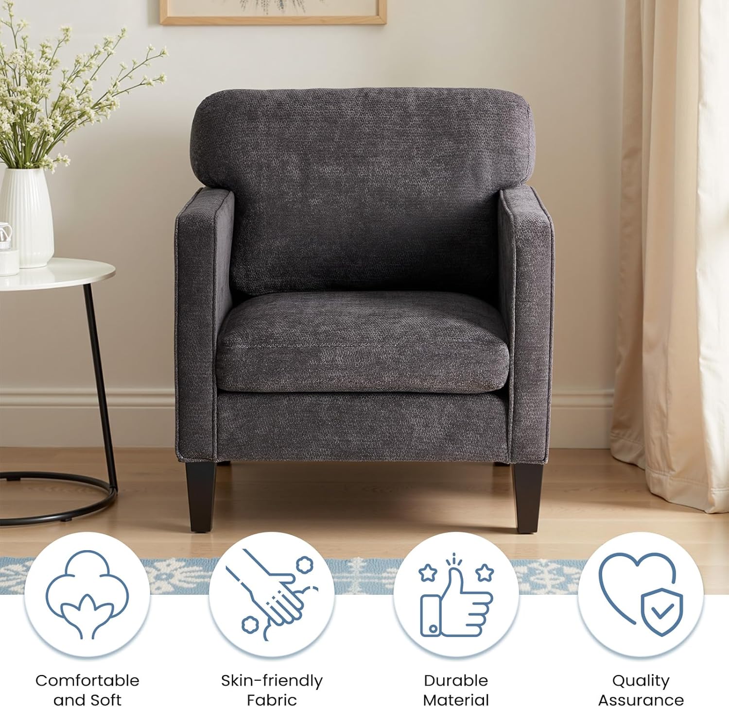 Modern Accent Chairs for Living Room, Corner Chairs for Adults, Reading Chair with Armrest and Backrest, Comfy Lounge Chairs for Bedroom Reception Waiting Room, Dark Grey 2 Pack