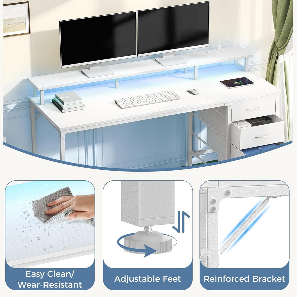 Computer Desk with 4 Drawers,4 Drawer Gaming Desk with Power Outlets and LED Lights,Office Desk for Small Spaces with Monitor Shelf,Writing Desk for Home Office, Bedroom,Study 45 Inch White