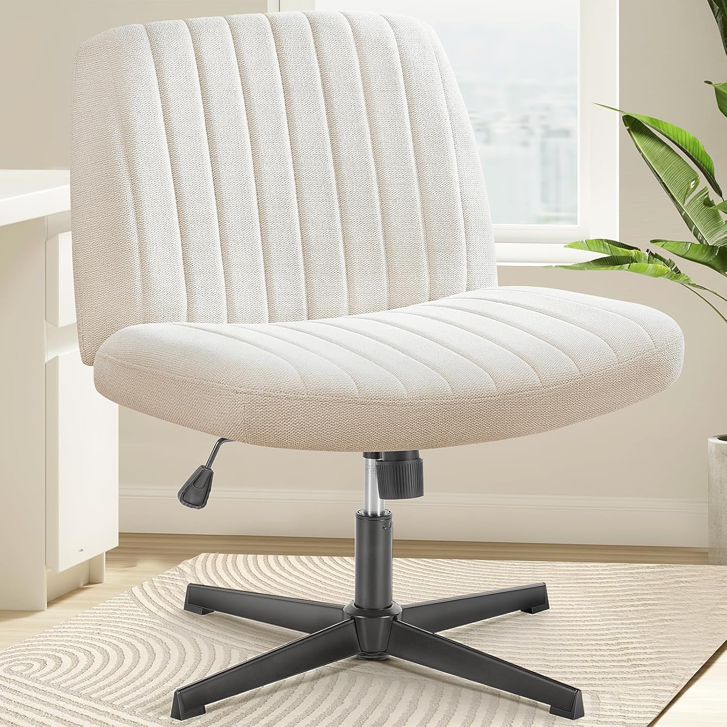 Criss Cross Chair with Wheels Wide Cross Legged Office Desk Vanity Chair Comfy Fabric Armless Adjustable Swivel for Home Computer Task PU Black