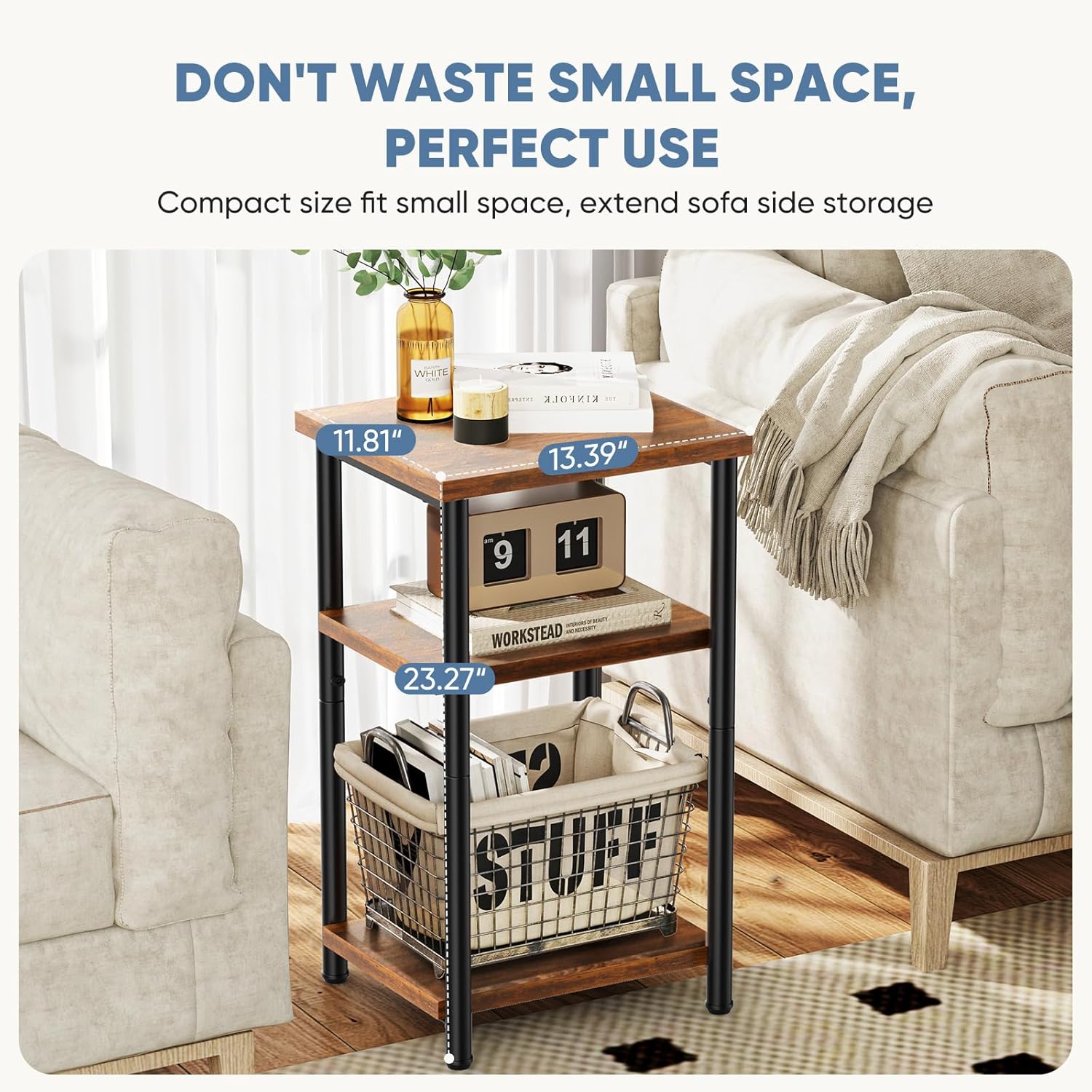 3 Tier End Table for Small Space, Side Sofa Tables Storage Shelf, Nightstand with Adjustable Feet for Living Room, Bedroom, Office, Set of 2, Rustic Brown