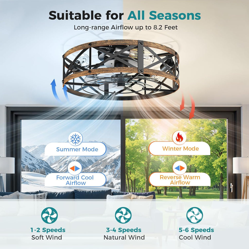 Ceiling Fans with Remote, Farmhouse Ceiling Fan, 19 Inch Low Profile Caged Fandelier, Flush Mount with 6 Wind Speeds, for Bedroom, Kitchen, Living Room, Bulbs Not Included, Gold