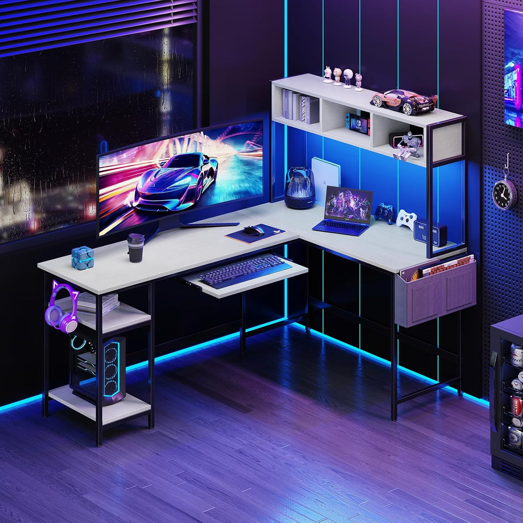 L Shaped Gaming Desk 67, Reversible Computer Desk with LED Lights, Corner Desk for Small Spaces with Keyboard Tray & Storage Shelf, Metal Frame PC Gaming Table for Home Office Bedroom, White