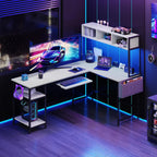 L Shaped Gaming Desk 67, Reversible Computer Desk with LED Lights, Corner Desk for Small Spaces with Keyboard Tray & Storage Shelf, Metal Frame PC Gaming Table for Home Office Bedroom, White