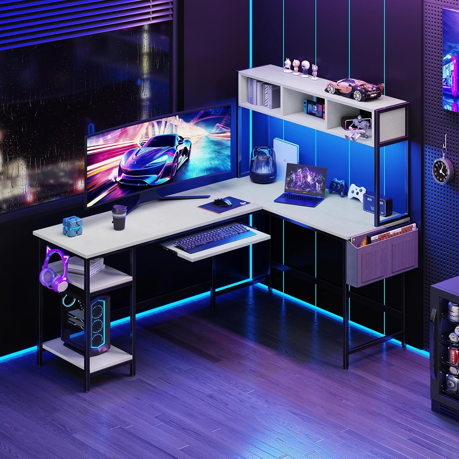 L Shaped Gaming Desk 67, Reversible Computer Desk with LED Lights, Corner Desk for Small Spaces with Keyboard Tray & Storage Shelf, Metal Frame PC Gaming Table for Home Office Bedroom, White