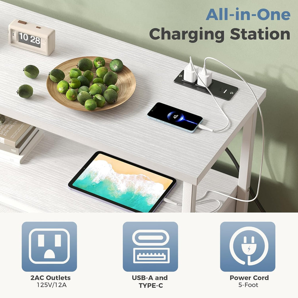 TV Stand, Dresser with 5 Fabric Storage Drawers, Media Console Featuring Open Shelf, Fabric Storage Cabinet with Charging Station, Compact Entertainment Unit for Bedroom, Living Room, White