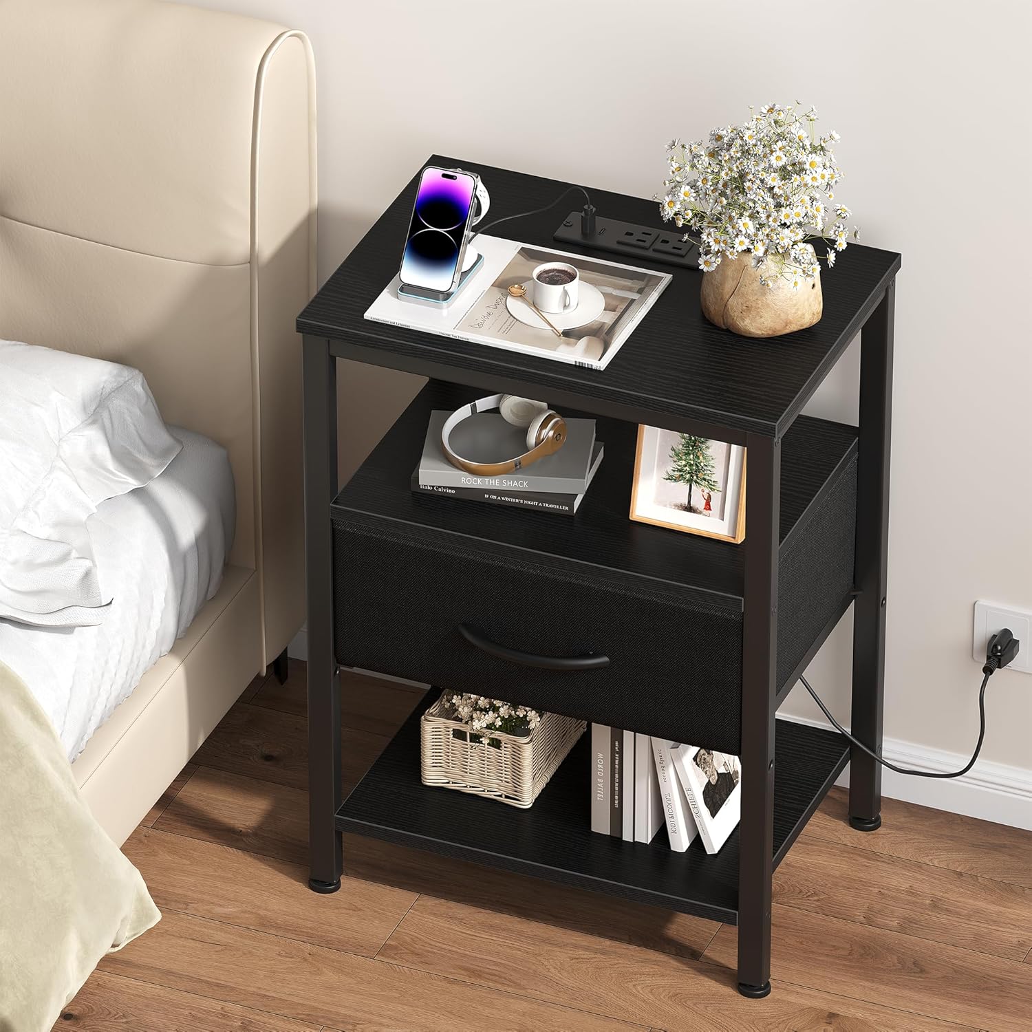 Nightstands Set of 2 with Charging Station, Bedside Table with USB Ports & Type-C, 2 Fabric Drawers Night Stand with Open Shelf, Compact End Table for Bedroom, Rustic Brown