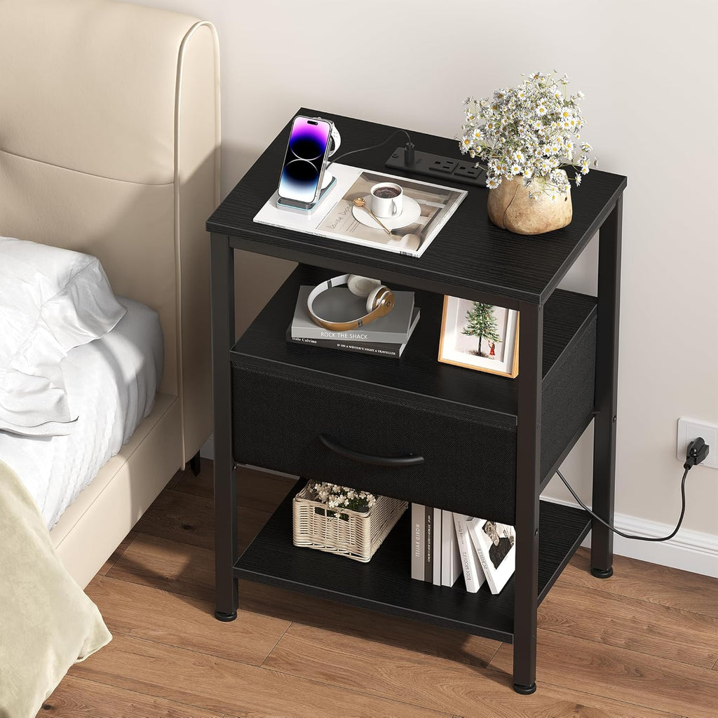 Nightstand Set of 2 with Wireless Charging Station Bed Side Tables with Adjustable Fabric Drawers 3-Tier Storage End Tables Modern Design,Black