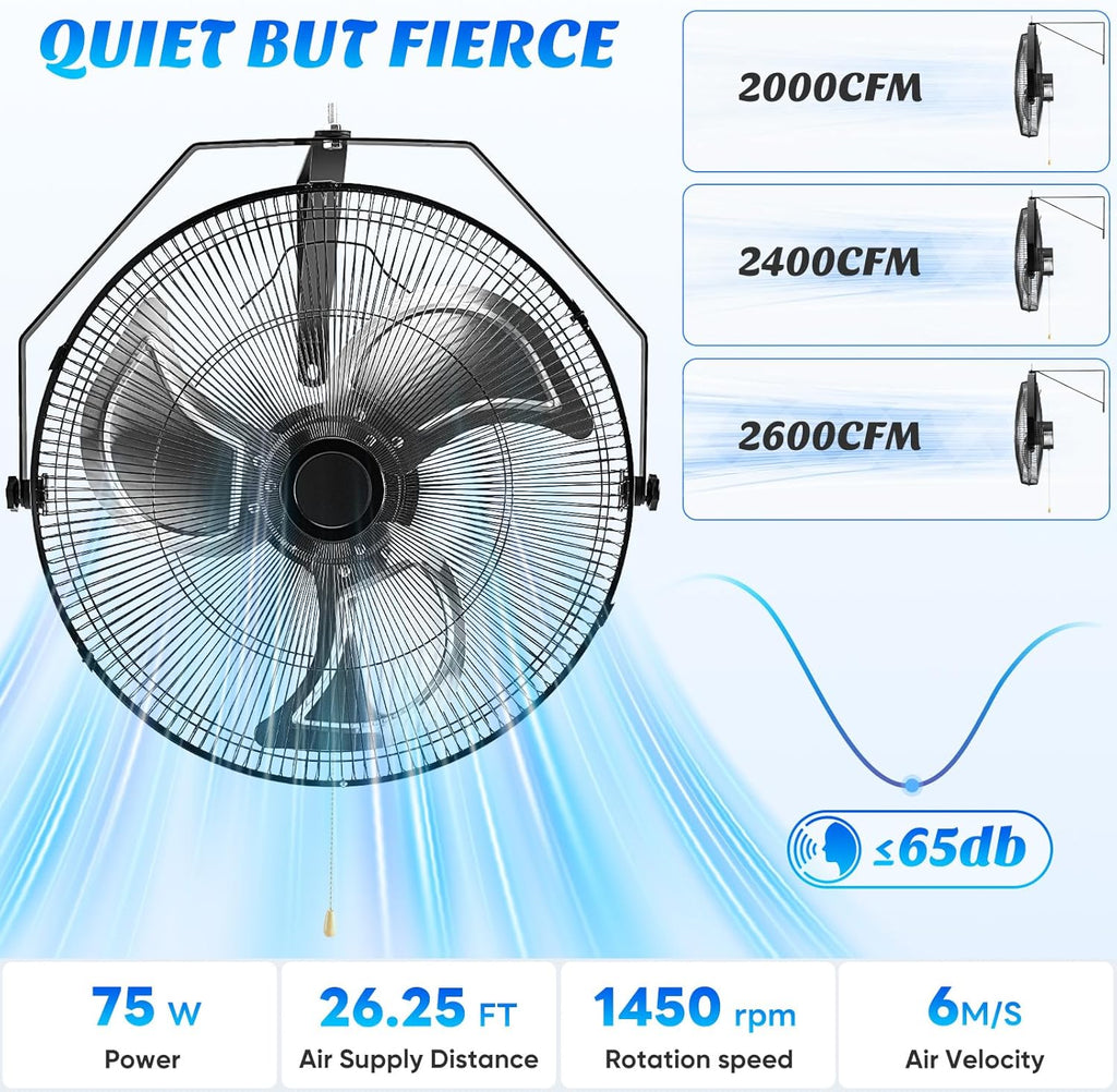 18 Inch Wall Mount Fan, 2600 CFM, 3-Speed High Velocity Fan, Vertical & Horizontal Adjustable Tilt for Industrial, Commercial, Warehouse, Greenhouse, Black