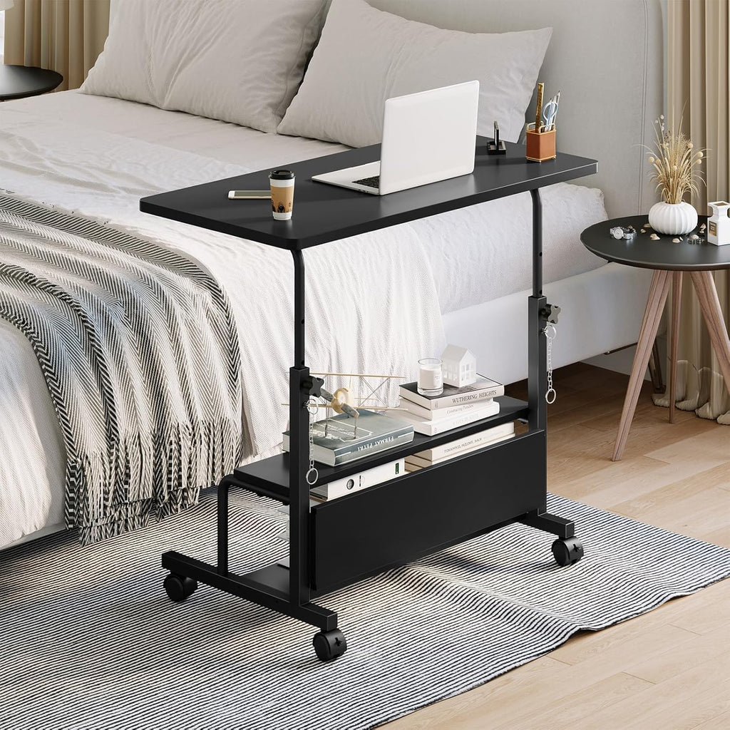 31.5 Manual Standing Desk, Height Adjustable Mobile Computer Desk with Lockable Wheels & 2-Tier Storage, Rolling Laptop Table for Small Spaces & Home Office, Black