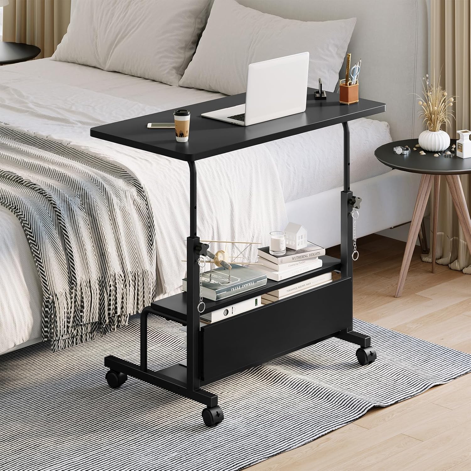 31.5 Manual Standing Desk, Height Adjustable Mobile Computer Desk with Lockable Wheels & 2-Tier Storage, Rolling Laptop Table for Small Spaces & Home Office, Black