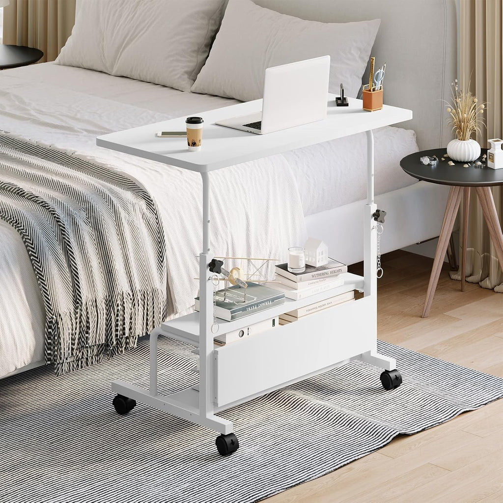 31.5 Manual Standing Desk, Height Adjustable Mobile Computer Desk with Lockable Wheels & 2-Tier Storage, Rolling Laptop Table for Small Spaces & Home Office, White