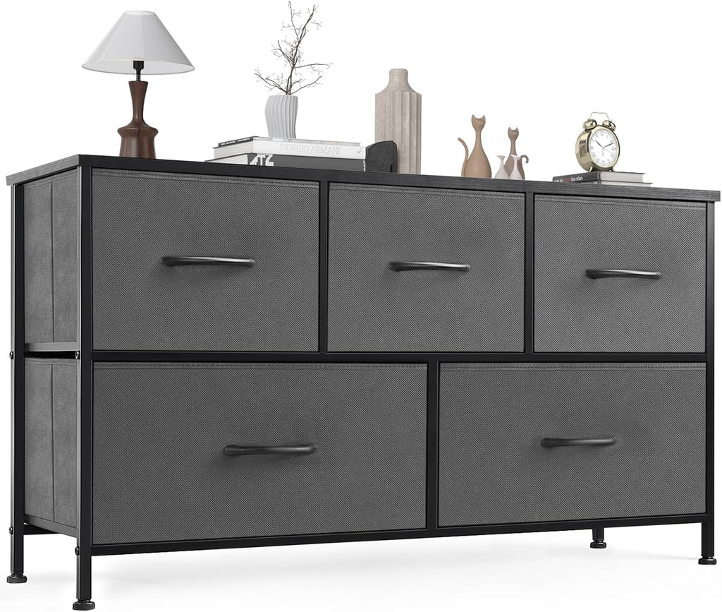 8 Drawer Dresser for Bedroom, Wide Fabric Storage Tower with Wooden Top and Metal Frame, Closet Chest Organizer Furniture, Living Room Hallway, Black