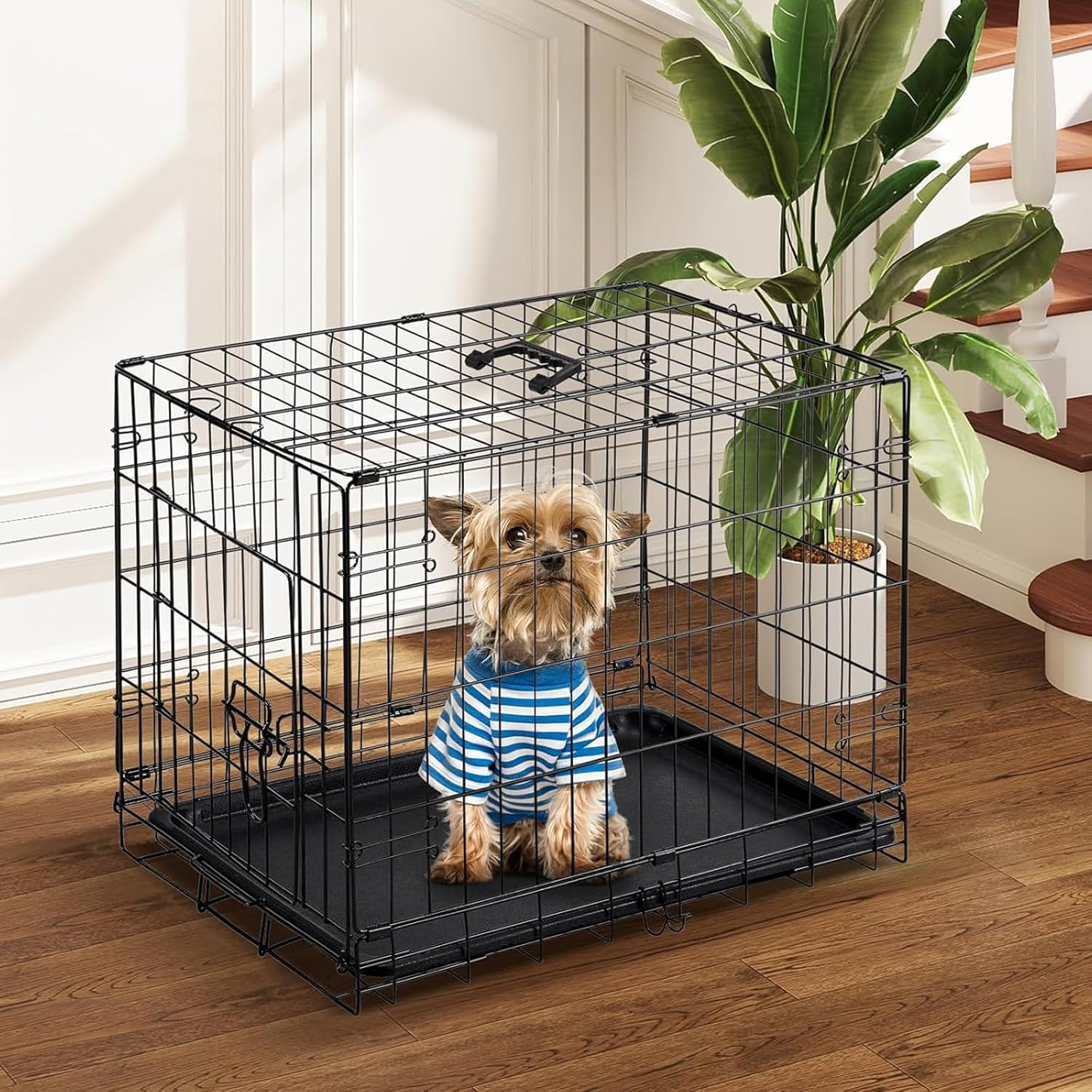 Dog Crate, 30 Inch Medium Single Door Dog Cage with Plastic Leak-Proof Pan Tray, Folding Metal Wire Pet Kennel for Indoor, Outdoor, Travel