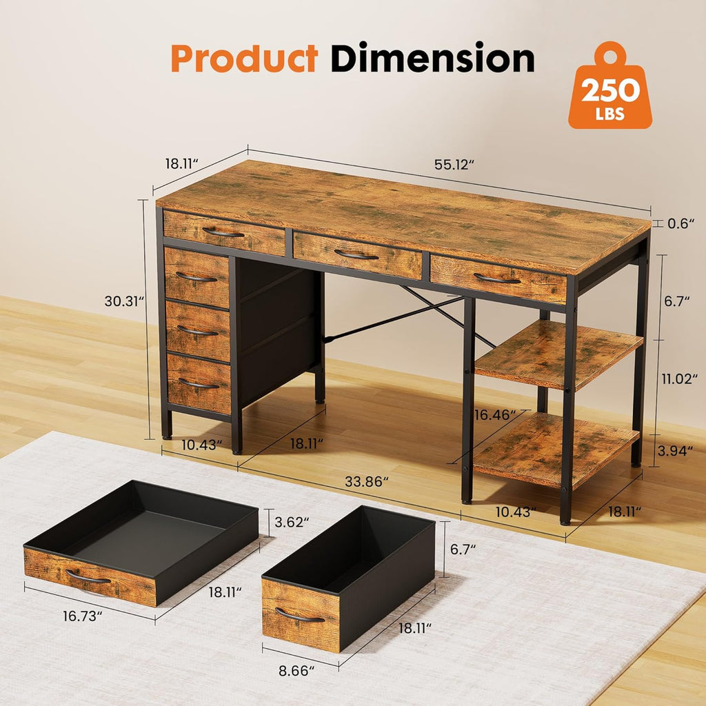 55 Computer Desk with 6 Drawers, Home Office Gaming Desks with Storage Shelves for Bedroom, Writing Study Corner Living Room Work Table Rustic Brown