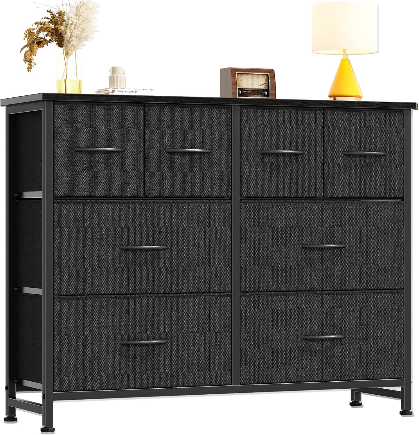 TV Stands for Living Room with 8 Drawers, Tall 8-Drawer Chest of Drawers with Raised Shelf, Storage Tower with Fabric Bins for Organization, Hallway Storage, Black