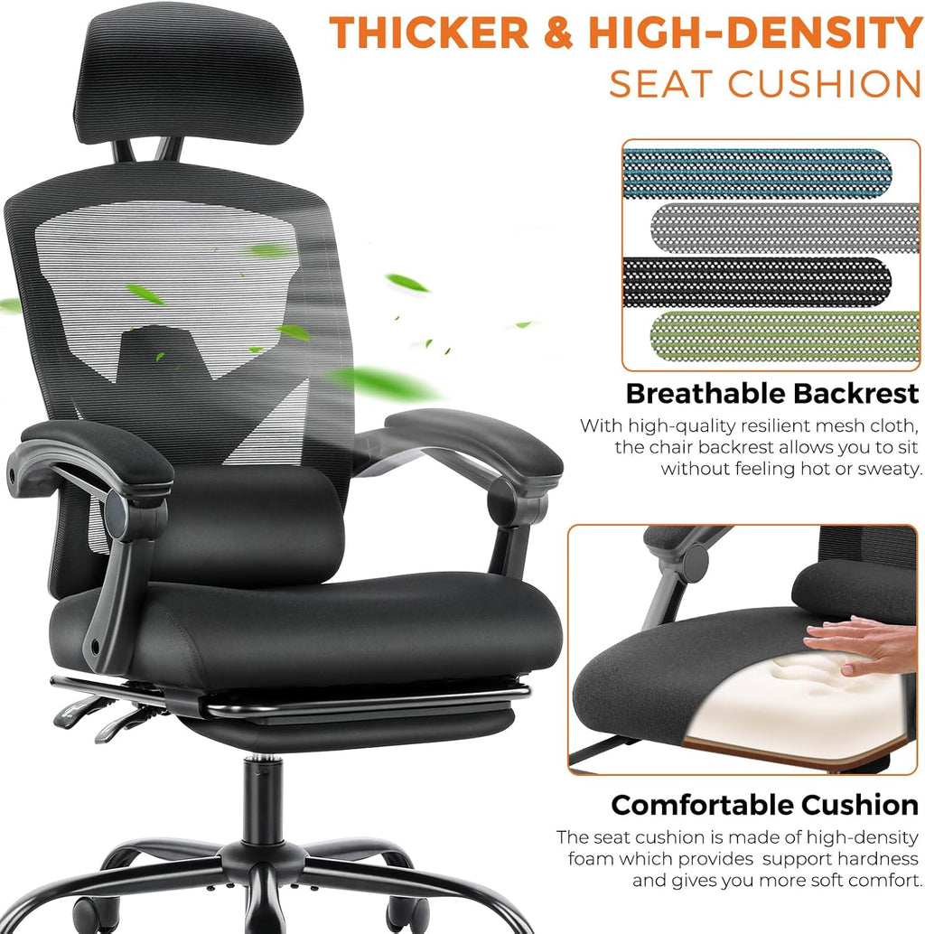 Office Computer Desk Chair, Ergonomic High-Back Mesh Rolling Work Swivel Chairs with Wheels, Comfortable Lumbar Support, Comfy Arms for Home, Bedroom, Study, Student, Black